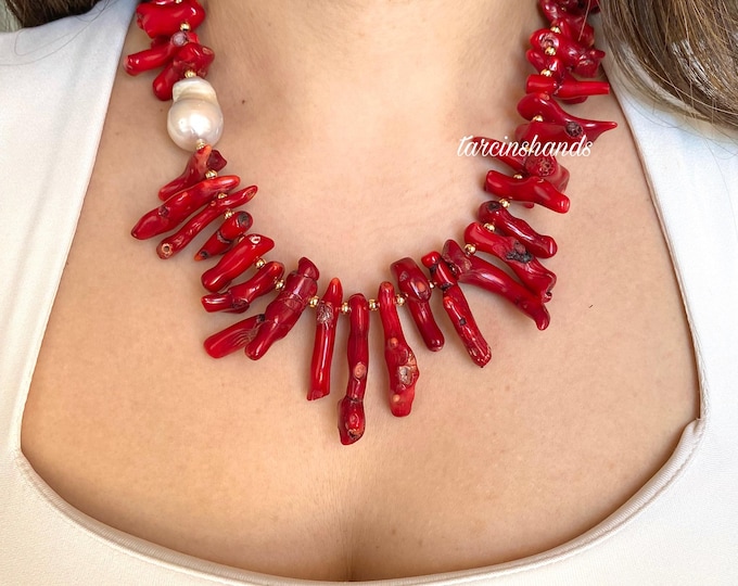 Natural Red Branch Coral Large Baroque Pearl Gold Necklace , Red Branch Coral Necklace , Christmas Jewelry , Red Gemstone Necklace
