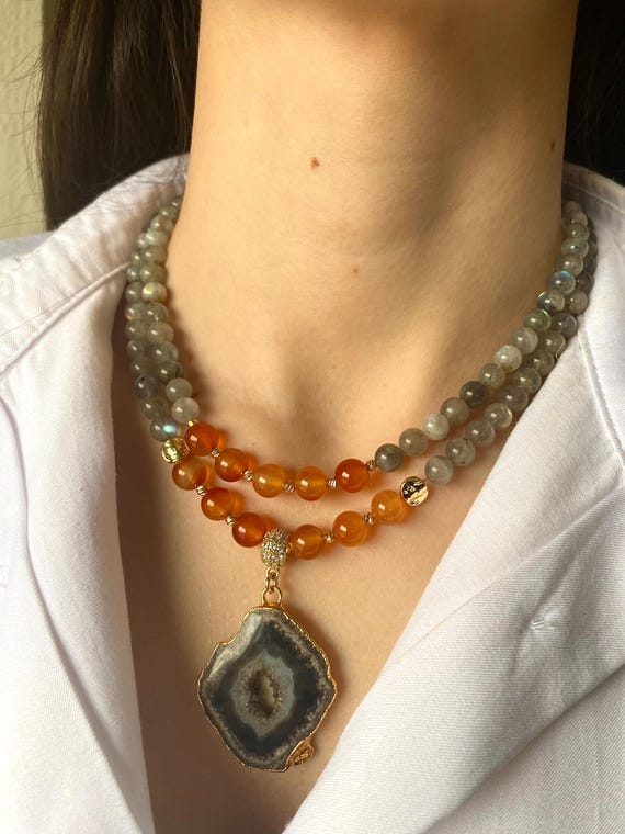 Orange Agate Labradorite Necklace, Druzy Geode Pendant, Gold Plated