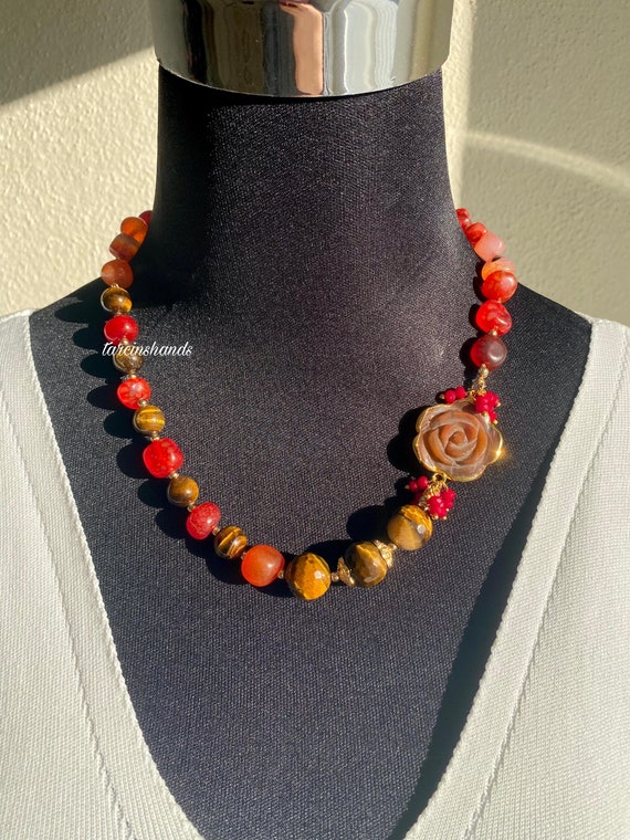 Tiger's Eye Agate Necklace: Gold-Plated Rose Gemstone, 19.5 Inch