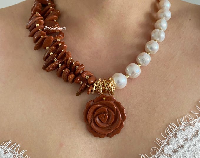 Sandstone and Pearl Half Half Gold Filled Necklace,Chunky Gemstone Statement Necklace,Handmade Summer Boho Necklace For Women