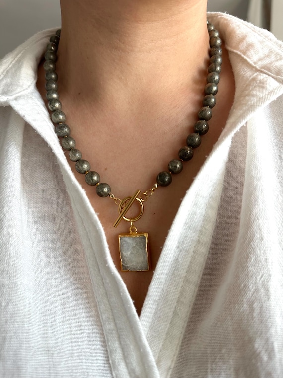 Pyrite and Moonstone Necklace: Gold-Plated T-Bar Clasp, Bohemian Style