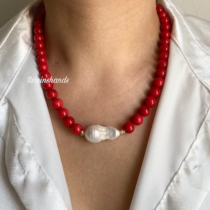 Red Coral Necklace: Baroque Pearl, Gold Filled Chain