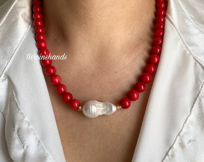 Natural Red Coral With Baroque Pearl Gold Filled Necklace , Round Coral Bead Necklace , Chunky Coral Pearl Necklace