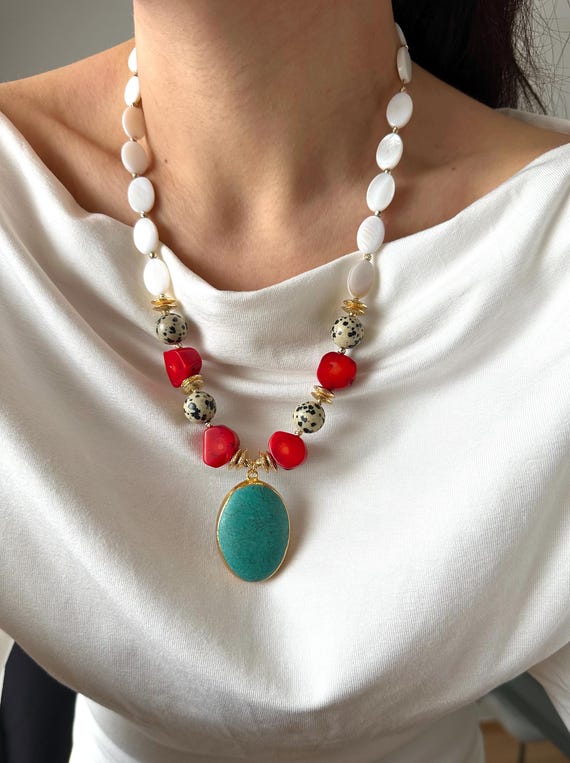Red Coral, Turquoise, Dalmatian Jasper, Mother of Pearl Boho Necklace, Gold Plated Pendant