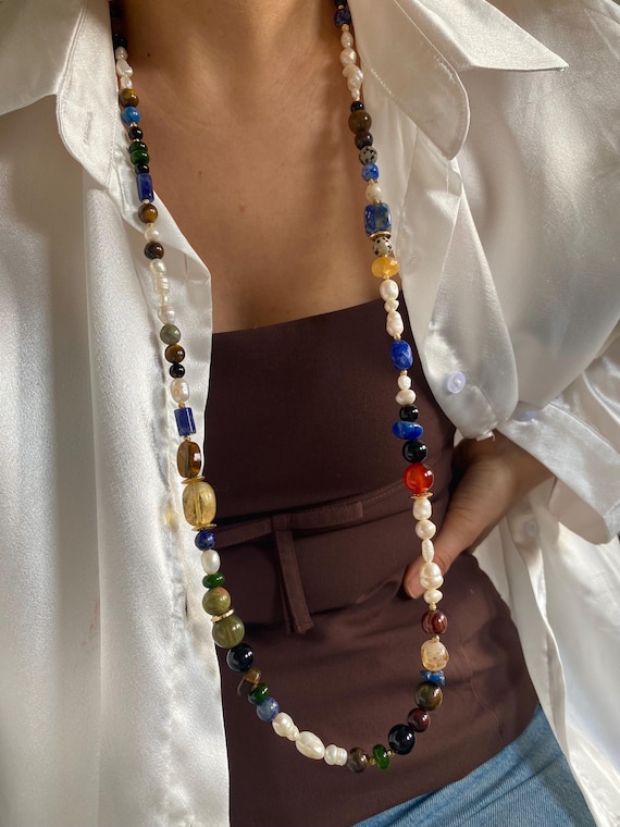 Boho Gemstone Pearl Long Necklace, Gold Plated, 35 Inch