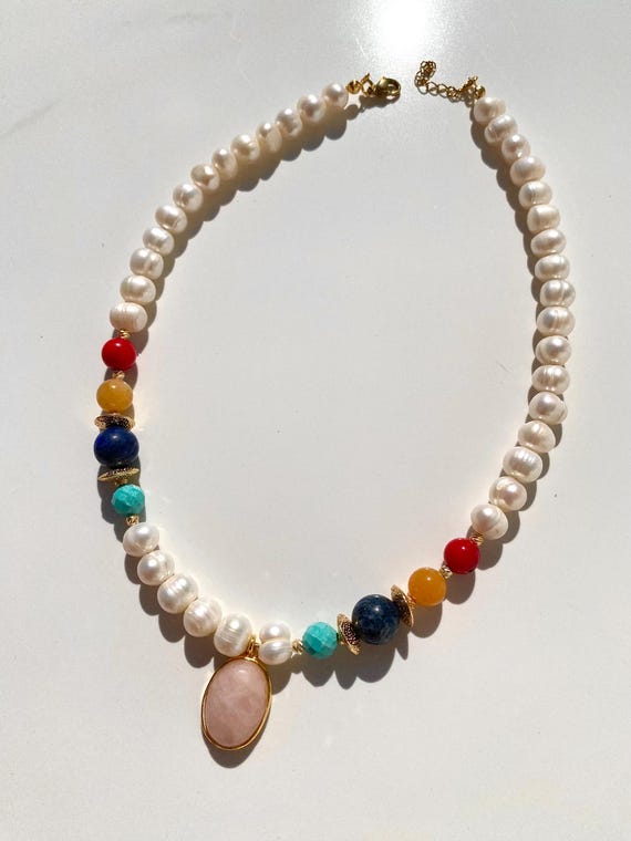 Multigemstone Necklace,Natural Pearl Beaded Gold Filled,Summer Jewelry