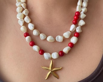 Red Coral & Mother of Pearl Necklace: Boho Starfish Pendant, Gold Plated