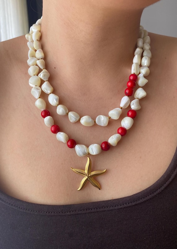 Red Coral & Mother of Pearl Necklace: Boho Starfish Pendant, Gold Plated