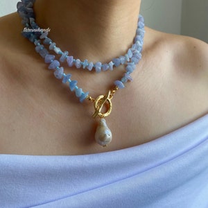 Aquamarine beaded baroque peael gold toggle necklace , long necklace , multistrand gemstone necklace , blue natural stone necklace zdjęcie 2