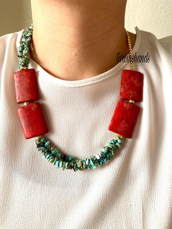 Gold-Plated Red Coral Turquoise Necklace: Bohemian Multistrand Design