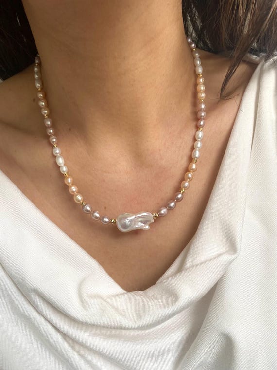 Tri-Color Pastel Pearl Necklace, Gold Plated Baroque Drop Jewelry