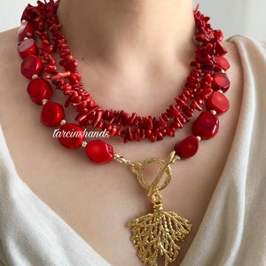 Multistrand Red Coral Necklace with Gold Plated Coral Pendant Bohemian Style image 3