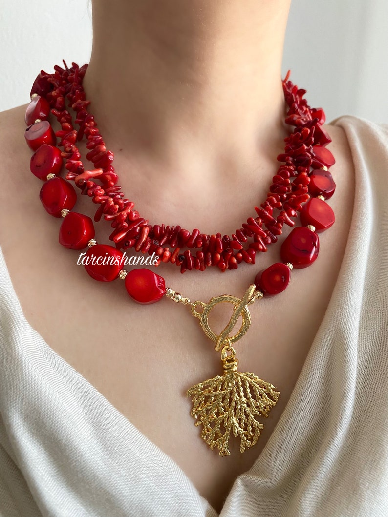 Multistrand Red Coral Necklace with Gold Plated Coral Pendant Bohemian Style image 3