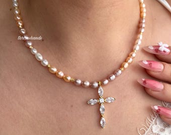 Natural Pearl Cross Pendant Gold Filled Dainty Necklace,Colorful Pearl Necklace,Natural 3 Color Pearl Necklace,Gift For Women,Minimalist