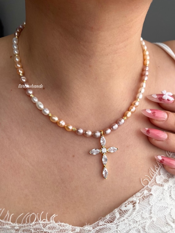 Pearl Cross Pendant Necklace: Gold Filled, Pastel Freshwater Pearls