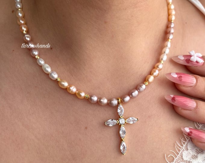 Natural Pearl Cross Pendant Gold Filled Dainty Necklace,Colorful Pearl Necklace,Natural 3 Color Pearl Necklace,Gift For Women,Minimalist