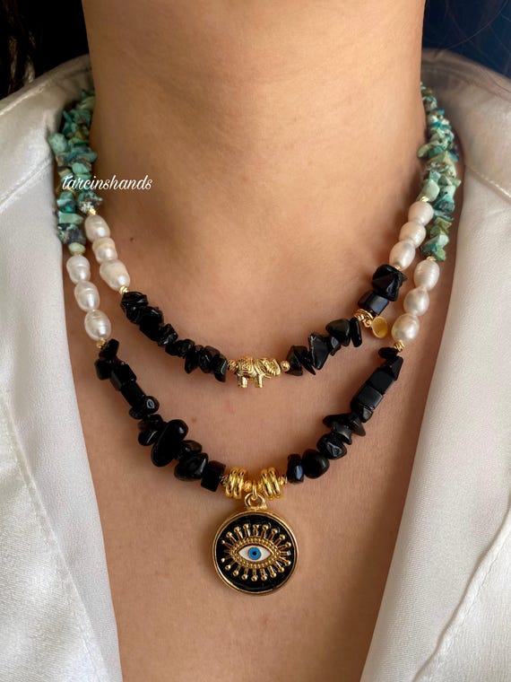 Multistrand Onyx Turquoise Pearl Necklace: Boho Elephant Evil Eye Pendant