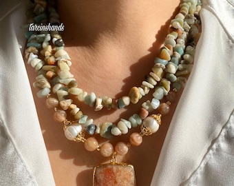 Multistrand Amazonite Sunstone Pearl Necklace: Boho Gold-Plated Statement