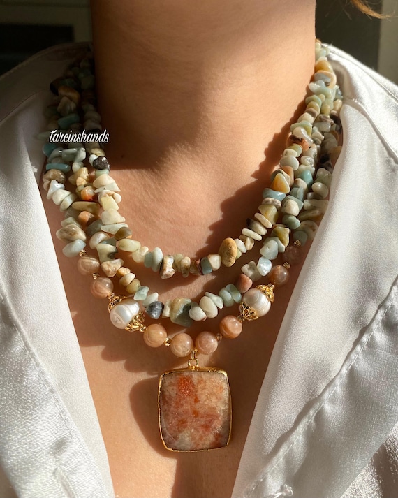 Multistrand Amazonite Sunstone Pearl Necklace: Boho Gold-Plated Statement