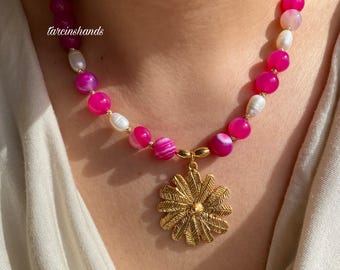 Moss Pink Agate Necklace with Flower Pendant,Chunky Boho Pink Semi Precious Stone Handmade Necklace,Gift Jewelry For Women