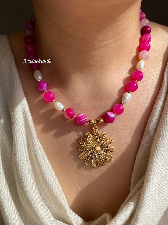 Moss Agate & Pearl Necklace: Boho Gold Flower Pendant