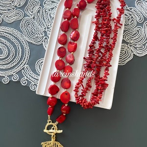 Multistrand Red Coral Necklace with Gold Plated Coral Pendant Bohemian Style image 4