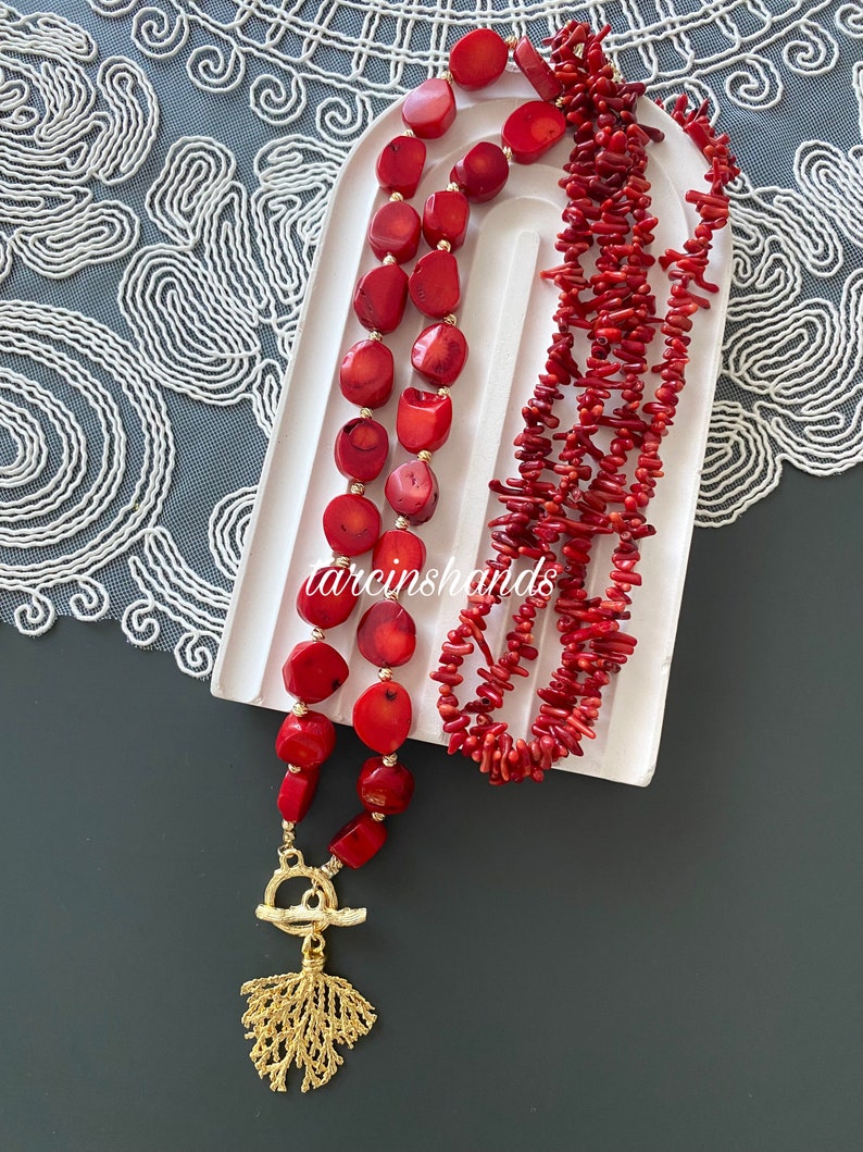 Multistrand Red Coral Necklace with Gold Plated Coral Pendant Bohemian Style image 4