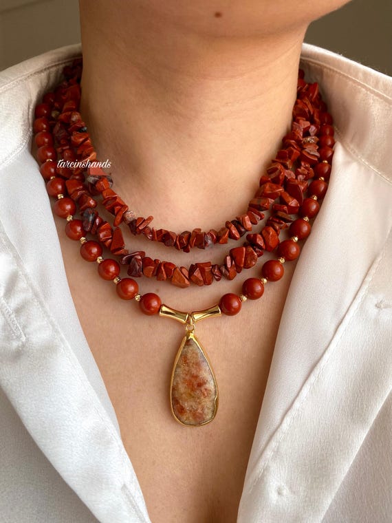 Multistrand Red Jasper Gold Filled Necklace with Sunstone Pendant,Chunky Statement Jasper Necklace,Multistrand Semi Precious Stone Necklace