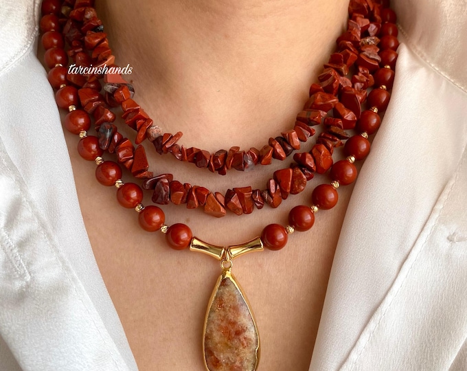Multistrand Red Jasper Gold Filled Necklace with Sunstone Pendant,Chunky Statement Jasper Necklace,Multistrand Semi Precious Stone Necklace