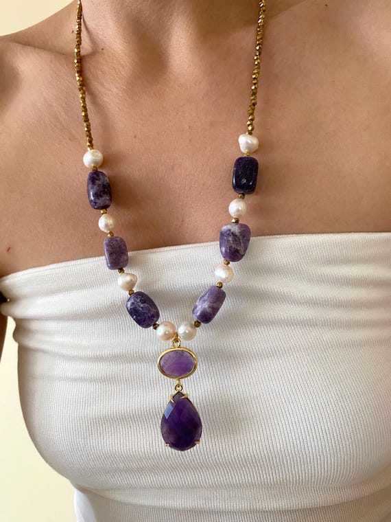 Lepidolite Amethyst Pearl Hematite Necklace, Boho Gemstone Statement Jewelry