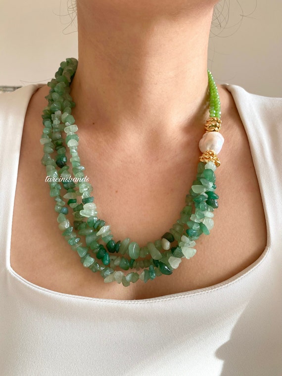 Aventurine Multistrand Necklace: Baroque Pearl, Green Glass Beads
