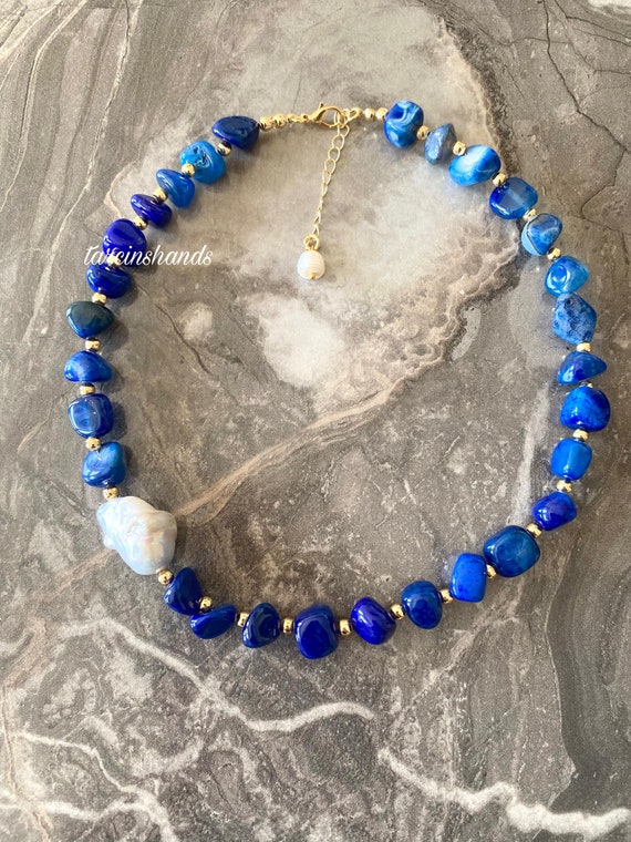 Baroque Pearl Necklace: Navy Blue Agate, Gold-Plated, Gemstone Jewelry