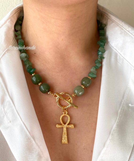 Aventurine Ankh Necklace: Gold-Plated Toggle, Egyptian Key of Life