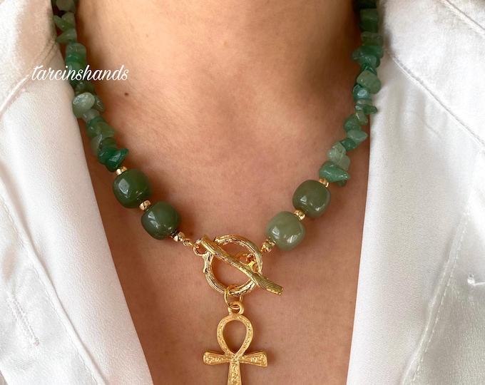 Aventurine Ankh Necklace with Gold Toggle , Natural Aventurine Necklace , Gold Ankh Necklace , Key of Life Necklace , Egyptian Necklace