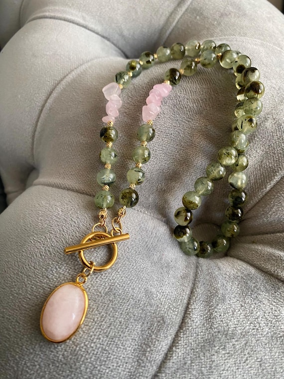 Prehnite Rose Quartz Necklace: Gold Plated Toggle Clasp, Bohemian Style Gift For