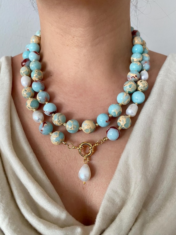 Variscite and Freshwater Pearl Necklace: Bohemian Gold-Plated Multistrand Gift For