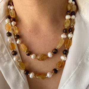 Citrine, Tiger&#39;s Eye Pearl Necklace: Gold Plated Boho Statement Gift For