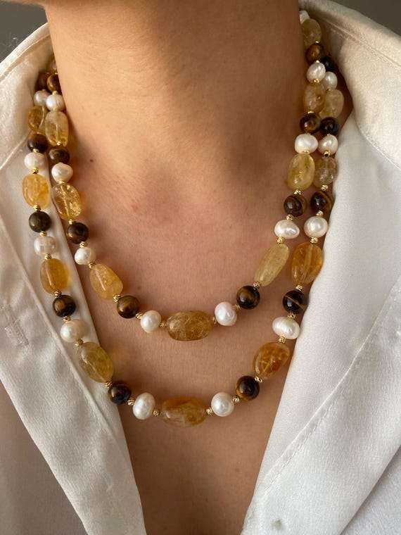 Citrine, Tiger's Eye Pearl Necklace: Gold Plated Boho Statement Gift For