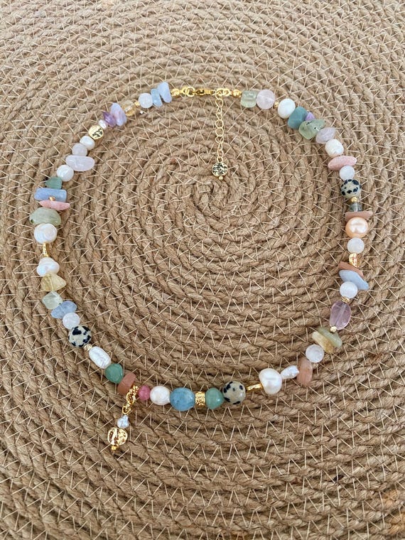 Pastel Gemstone Freshwater Pearl Necklace, Boho Elegant Gold Filled Jewelry