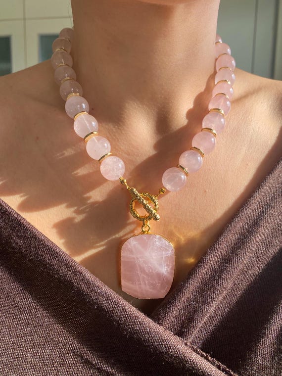 LLarge Rose Quartz Statement Necklace Chunky Pink Gemstone Jewelry Boho Necklace Gift for Her
