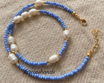 Blue bead with freshwater pearl 14k gold filled necklace , minimalist seed bead pearl necklace , dainty small bead necklace , gift for her