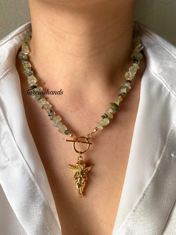 Prehnite Angel Pendant Necklace: Gold Toggle Clasp, Green Gemstone