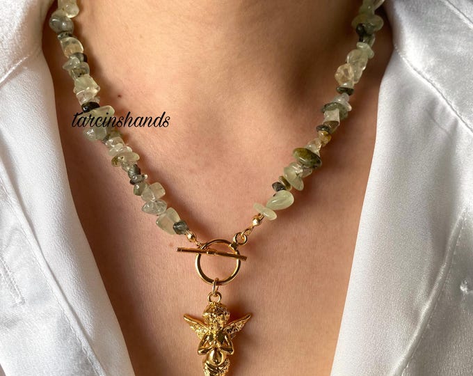 Prehnite Angel Necklace with Gold Toggle, Green Gemstone Necklace, Beaded Prehnite Necklace For Women,T-Bar Semi Precious Stone Necklace