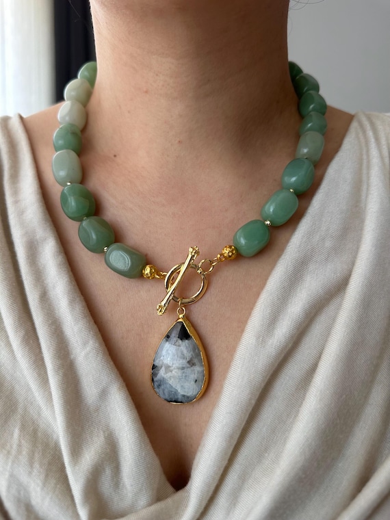Chunky Aventurine Necklace: Moonstone Pendant, Boho Gemstone Statement Gift For