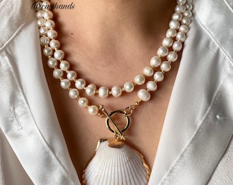 Multistrand Freshwater Pearl Necklace: Gold Toggle, Seashell Pendant Gift For