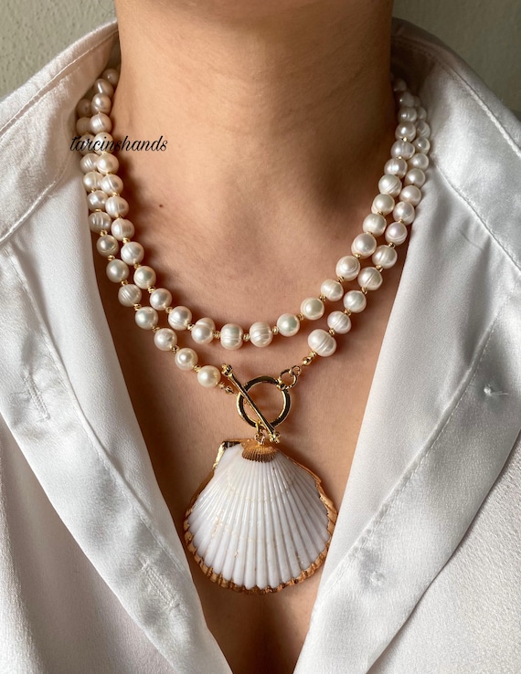 Multistrand Freshwater Pearl Necklace: Gold Toggle, Seashell Pendant Gift For