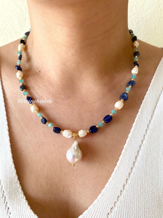 Lapis Lazuli Amazonite Pearl Necklace: Gold-Plated Baroque Pendant