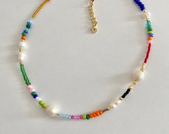 Eclectic Elegance: Colorful Seed Bead and Freshwater Pearl Necklace-Mixed beaded and pearl necklace