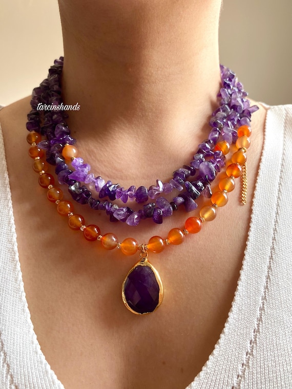 Handmade Amethyst Orange Agate Multistrand Necklace: Boho Gemstone Jewelry Gift For