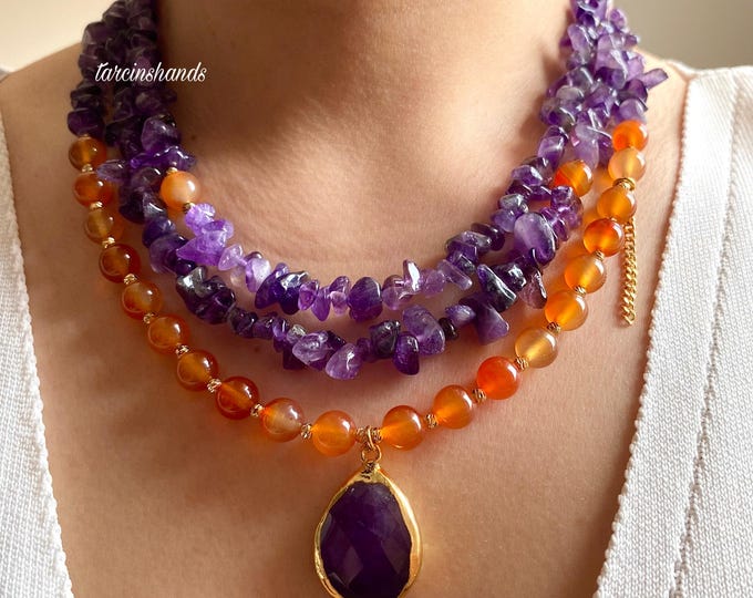 Amethyst Orange Agate Necklace,Multistrand Gemstone Necklace,Multistone Beaded Layered Necklace,Chunky Boho Summer Gemstone Necklace